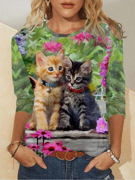

Women's Art Print Cat Casual Regular Fit Shirt, As picture, Long sleeves