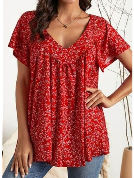 

Loose Floral V Neck Boho Shirt, Red, Shirts & Blouses