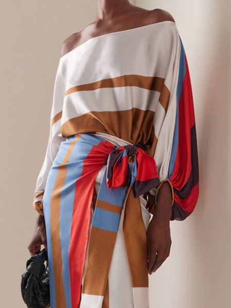 

Loose Elegant Cold Shoulder Geometric Top, Multicolor, Blouses and Shirts