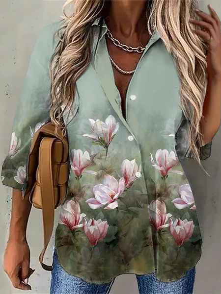 

Floral Casual Cotton-Blend Loose Blouse, Green, Shirts & Blouses