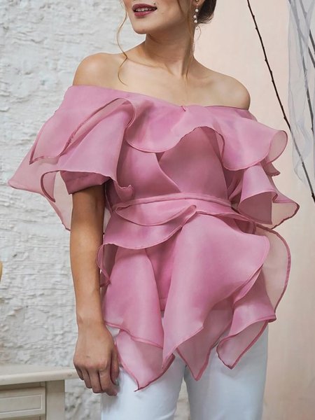 

Cold Shoulder Elegant Regular Fit Organza Blouse, Pink, Blouses and Shirts