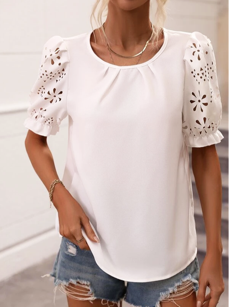 

Crew Neck Loose Plain Casual Shirt, White, Shirts & Blouses