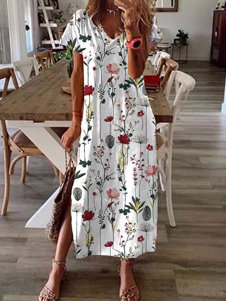 

Loose Floral Casual Crew Neck Dress, White, Midi Dresses