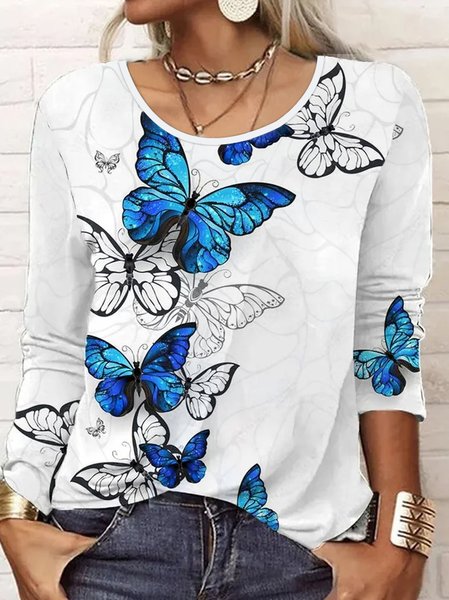 

Casual Crew Neck Butterfly Printed T-Shirt 2023, White, T-shirts