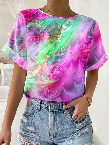

Crew Neck Abstract Loose Casual T-Shirt, Rose red, T-shirts