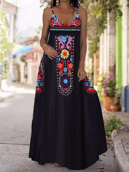

Loose Casual Mexican Culture Spaghetti Dress, Black, Maxi Dresses