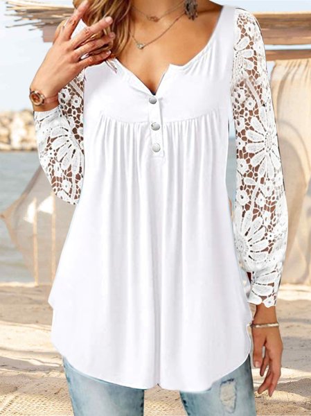 

Lace Stitching Knitted Plain Simple Top, White, Shirts & Blouses