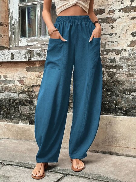

Women Casual Plain Casual Pocket High Waist Linen Pants, Light blue, Pants