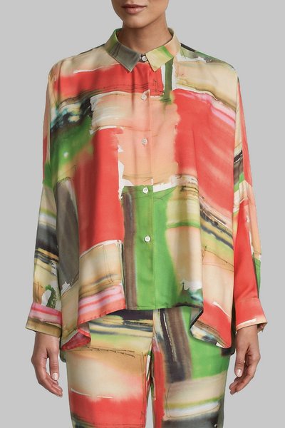 

Colorblock Elegant Shirt Collar Regular Fit Blouse, Red, Blouses and Shirts