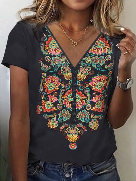 

Crew Neck Ethnic Loose T-Shirt, Black, T-Shirts