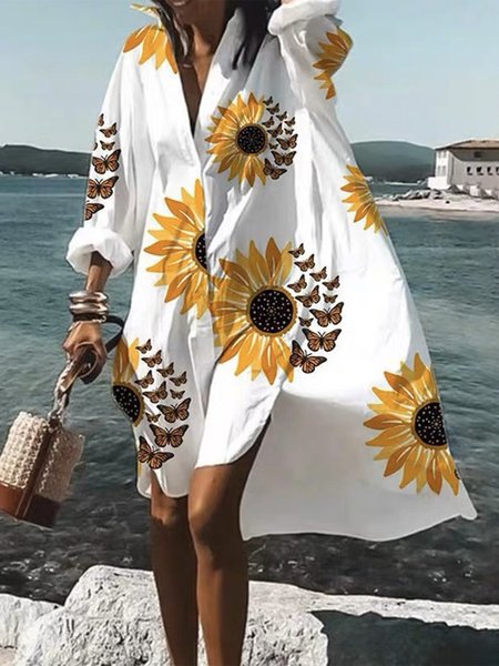 

Shirt Collar Loose Casual Floral Long Sleeve Midi Dress, Yellow, Midi Dresses