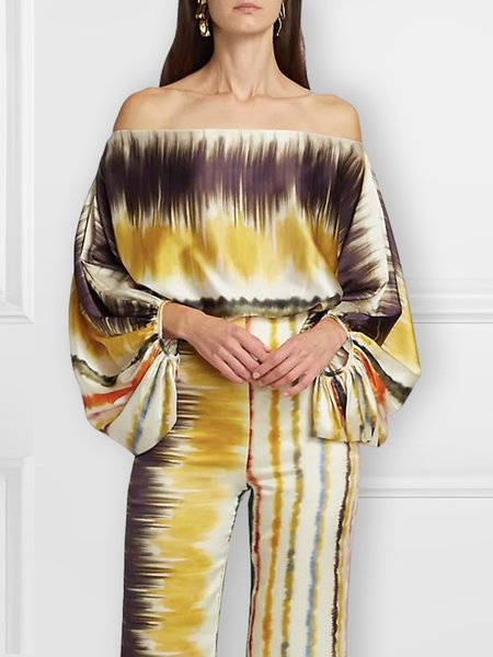 

Cold Shoulder Vacation Abstract Loose Shirt, Yellow, Blouses and Shirts