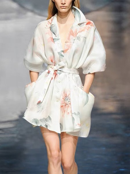 

Elegant Regular Fit Floral Short Sleeve Mini Dress, White, Mini Dresses