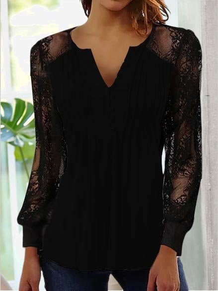

Lace stitching knitted plain simple top, Black, Shirts & Blouses