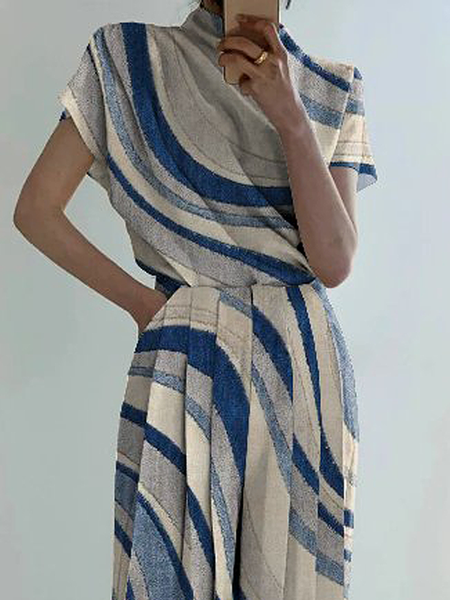 

Urban Abstract Stand Collar Cap sleeve Shirt, Blue, Blouses and Shirts