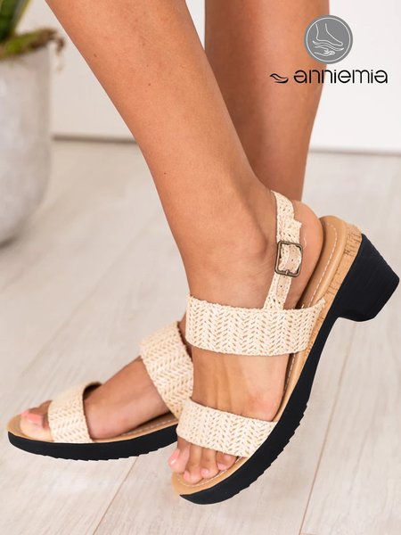 

Beige Woven Strap Block Heel Sandals, Sandals