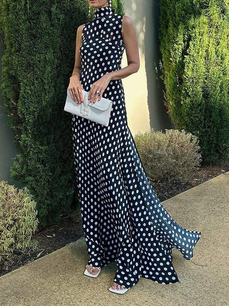 

Elegant Loose Stand Collar Sleeveless Polka Dots Long Dress, Blue, Maxi Dresses