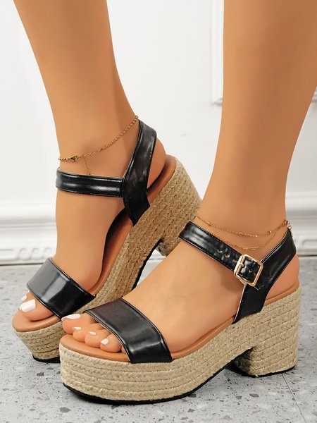 

Black Strap Straw Platform Sandals, Sandals