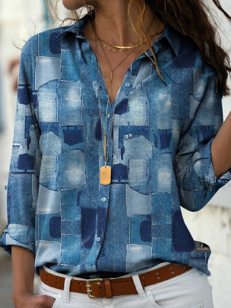 

Abstract Graphic Casual Loose Blouse, Blue, Shirts & Blouses