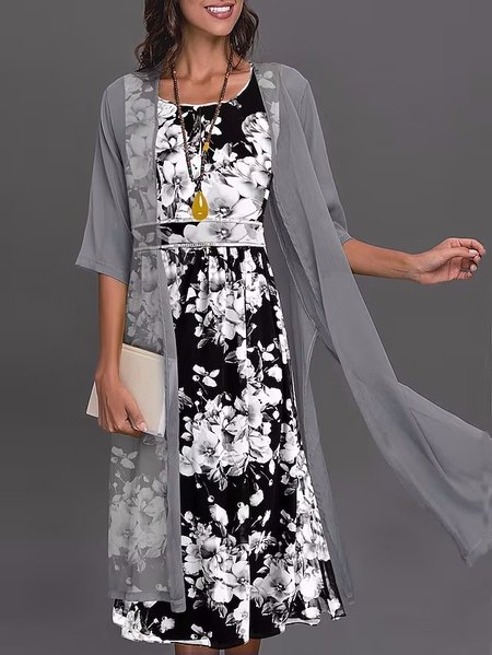 

Chiffon Crew Neck Regular Fit Casual Floral Two-Piece Set, Black, Dresses