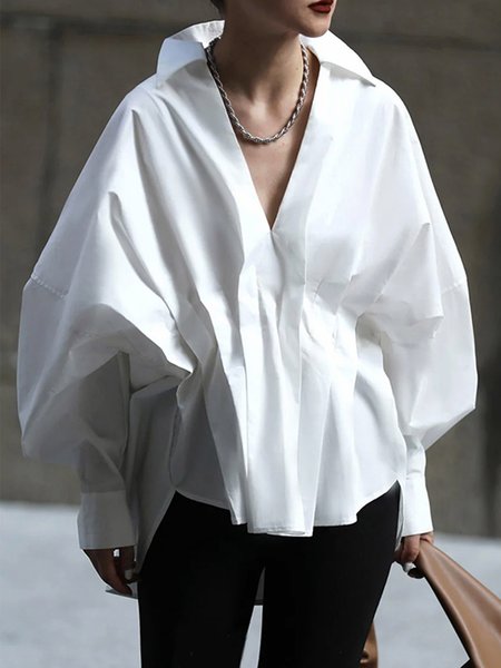 

Shirt Collar Loose Simple Plain Blouse, White, Blouses and Shirts