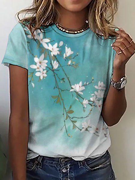 

Women's Crew Neck Floral Ombre Simple T-Shirt, Green, T-shirts