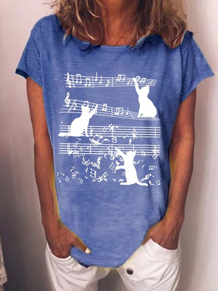 

Women’s Cats Are Playing With The Notes Text Letters Crew Neck Casual Cotton T-Shirt, Blue, T-shirts