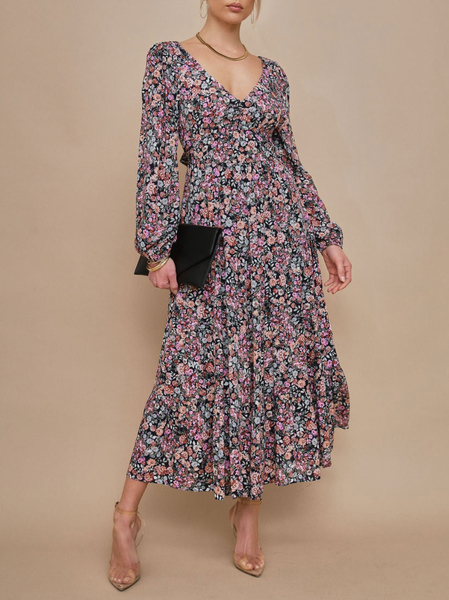 

Elegant Floral Regular Fit V Neck Dress, Multicolor, Midi Dresses