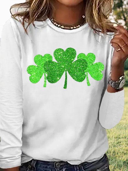 

Women's Irish Shamrock Green Clover St Patricks Day Casual Letters Shirt, White, Long sleeves