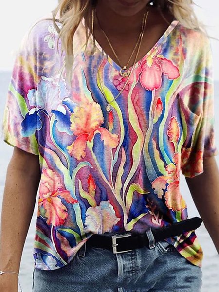 

V Neck Floral Loose Casual T-Shirt, Multicolor, T-Shirts