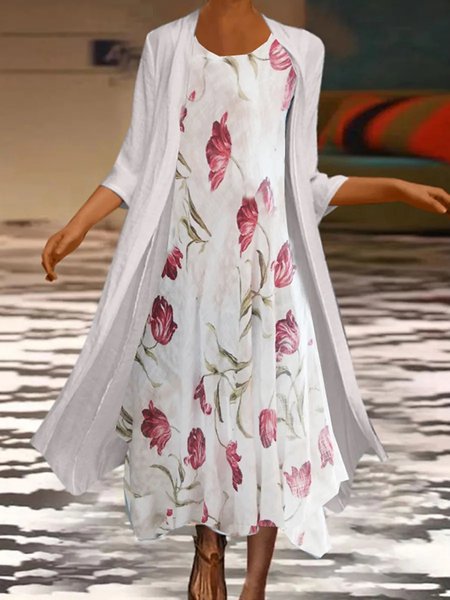 

Floral Crew Neck Casual Loose Two-Piece Set, White, Maxi Dresses