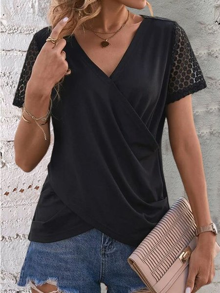 

V Neck Loose Casual Split Joint Shirt, Black, Shirts & Blouses