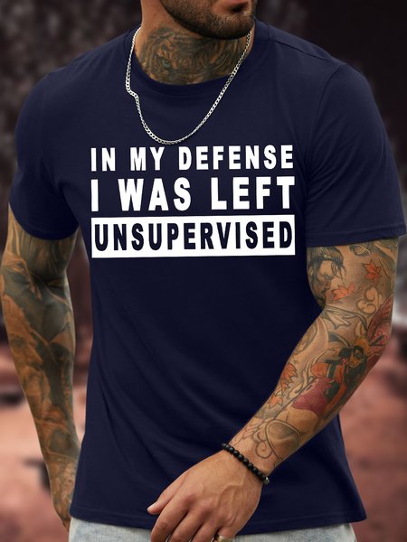 

Men's In My Defense I Was Left Unsupervised Funny Graphic Printing Casual Text Letters Crew Neck Cotton T-Shirt, Purplish blue, T-shirts