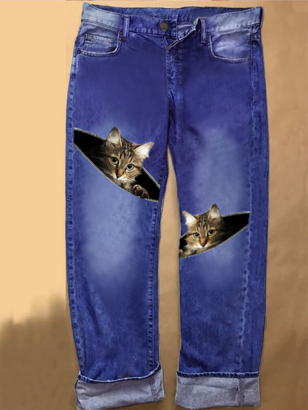 

Women's Funny Cat Casual Jeans, Blue, Jeans