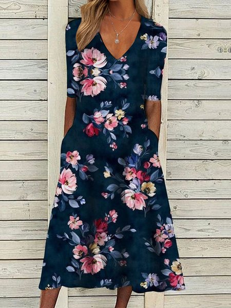 

Casual Loose Crew Neck Floral Dress, Navy blue, Dresses