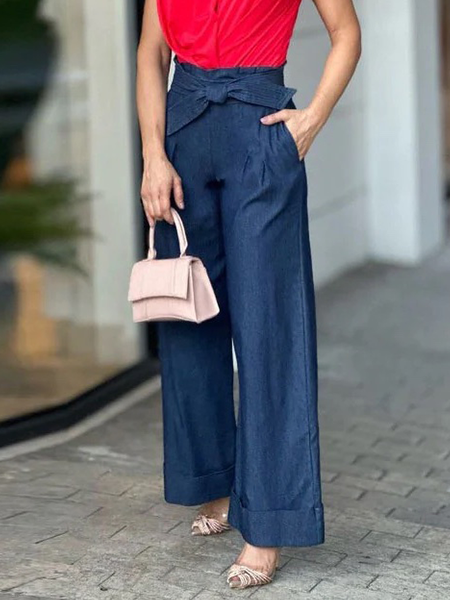 

Plain Loose High Waist Urban Long Straight Jeans, Denim blue, DENIM