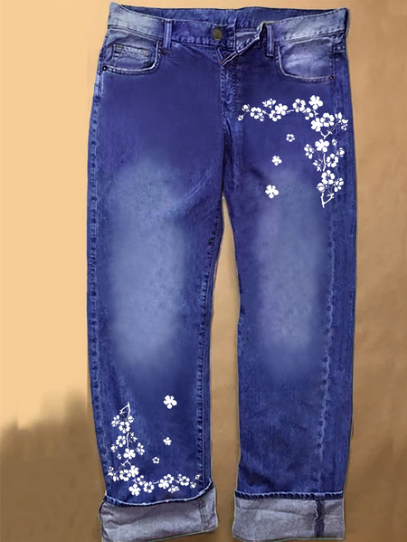 

Women's flower Casual Denim Jeans, Blue, Jeans