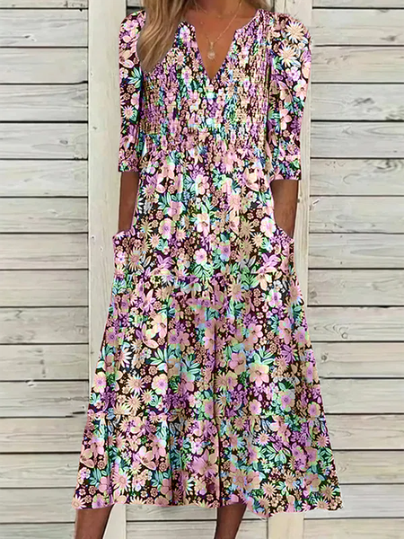 

Floral V neck Casual Half sleeve Dress, Pink, Dresses