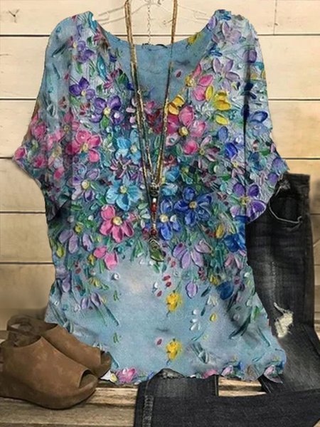 

Plus Size Painting Crew Neck Casual Loose Shirt, Blue, TOPS