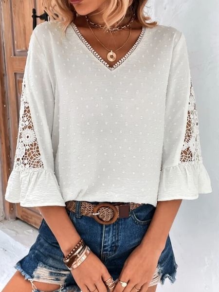 

V Neck Loose Plain Casual Shirt, White, Shirts & Blouses