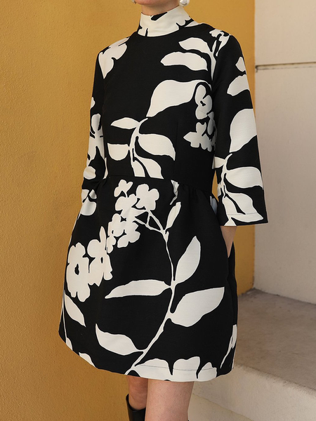 

Floral Loose Stand Collar Three Quarter Elegant Skirt Dress, Black, Mini Dresses