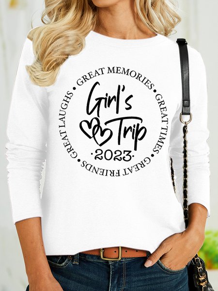 

Women's Girl's Trip 2023 Funny Graphic Printing Text Letters Casual Regular Fit Crew Neck Shirt, White, Long sleeves