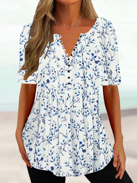 

Women Casual Floral V Neck Button Summer Short sleeve Tunic, White, Tunics
