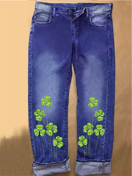

Women's St.Patrick's Day Shamrock Loose Casual Denim Jeans, Blue, Jeans