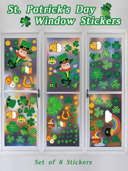 St. Patrick's Day Green Shamrock Window Stickers Set of 8, Color3, Home