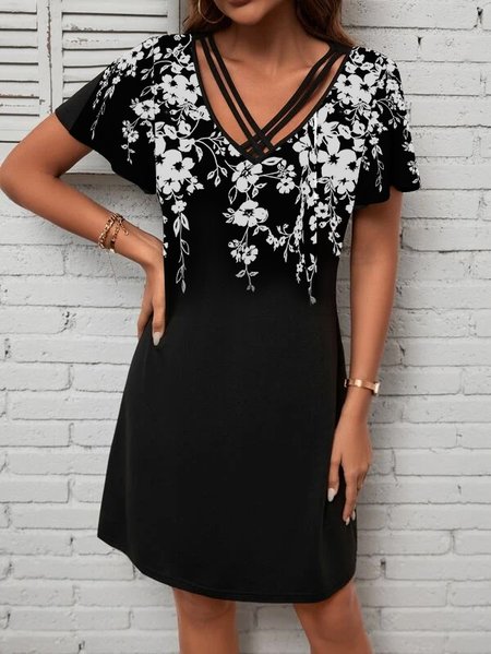 

Floral Knitted Casual V Neck Dress, Black, Dresses