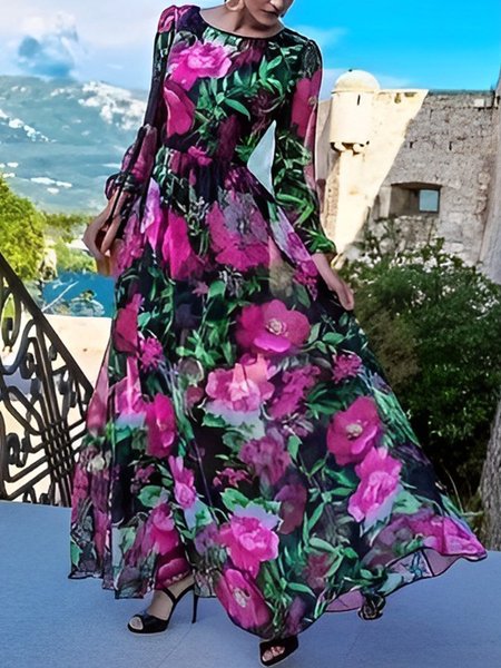 

Vacation Long Sleeve Regular Fit Floral Print Dress, Multicolor, Maxi Dresses
