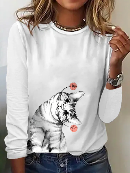 

Women's Funny Cat Simple Crew Neck Shirt, White, Long sleeves