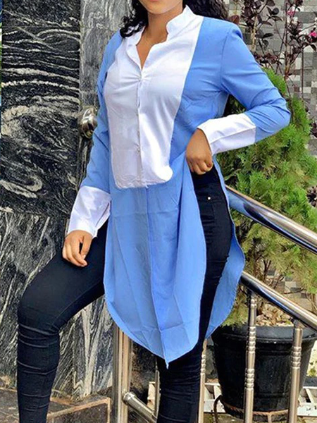 

Urban Stand Collar Color Block Long sleeve Mid-long Blouse, Blue, Blouses and Shirts