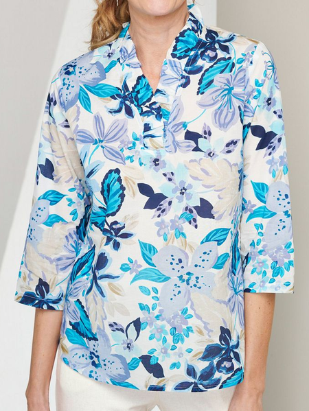 

V Neck Loose Floral Casual Shirt, Blue, Shirts & Blouses